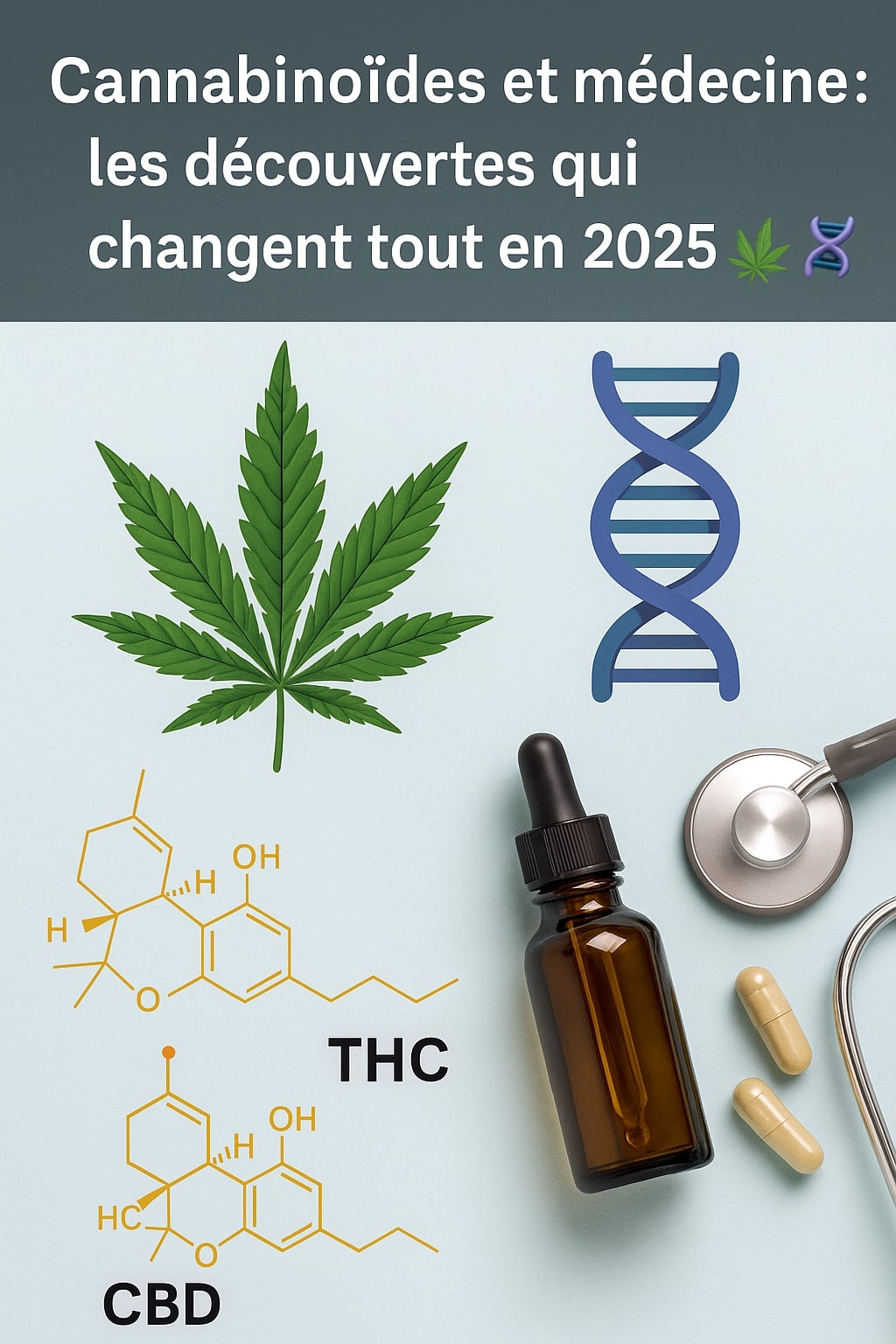 Infographie montrant une feuille de cannabis, les molécules de THC et CBD, un flacon médical, une hélice ADN et des capsules, illustrant les avancées médicales sur les cannabinoïdes en 2025
