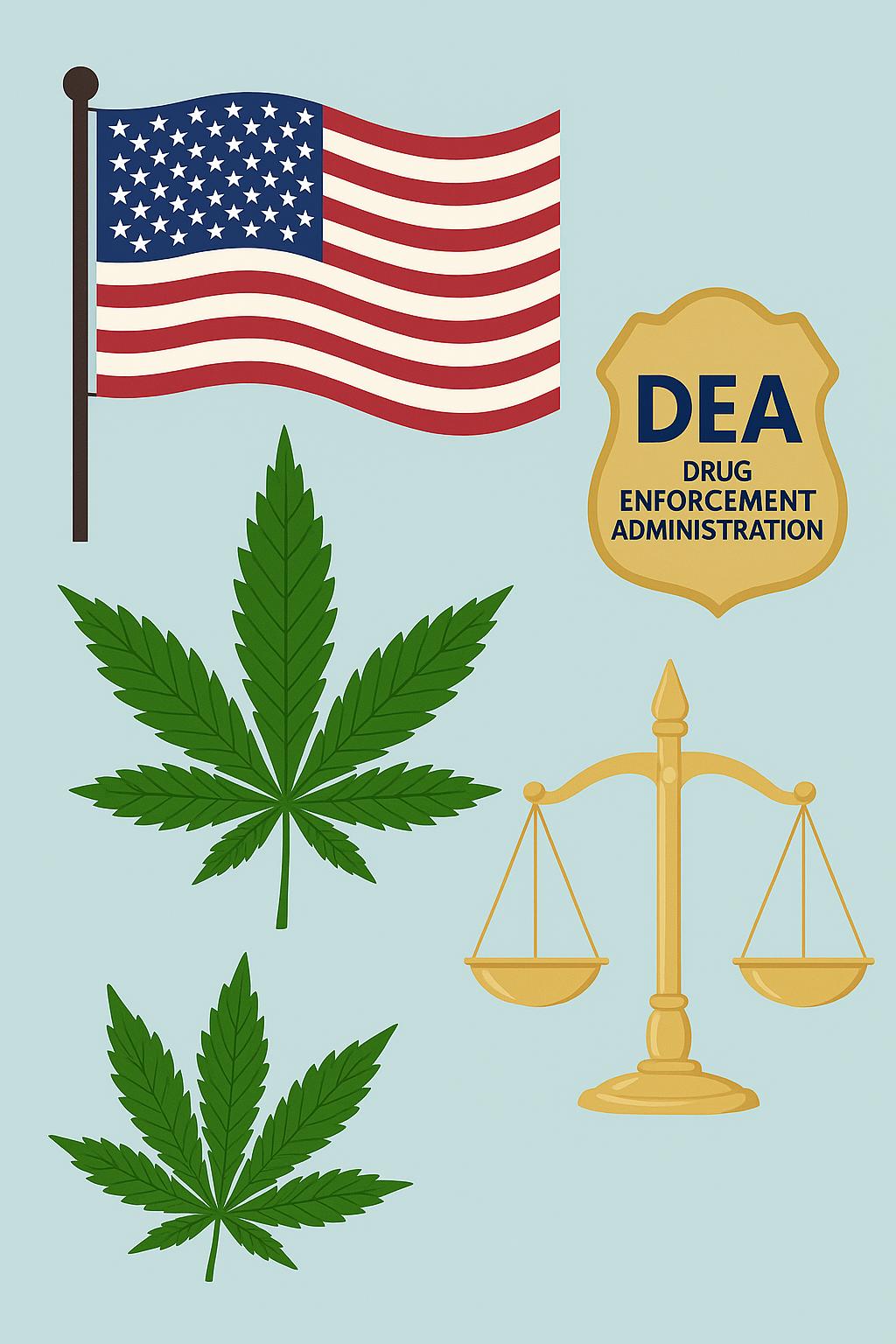 Illustration représentant le drapeau américain, une feuille de cannabis, le badge de la DEA et une balance de justice sur fond bleu