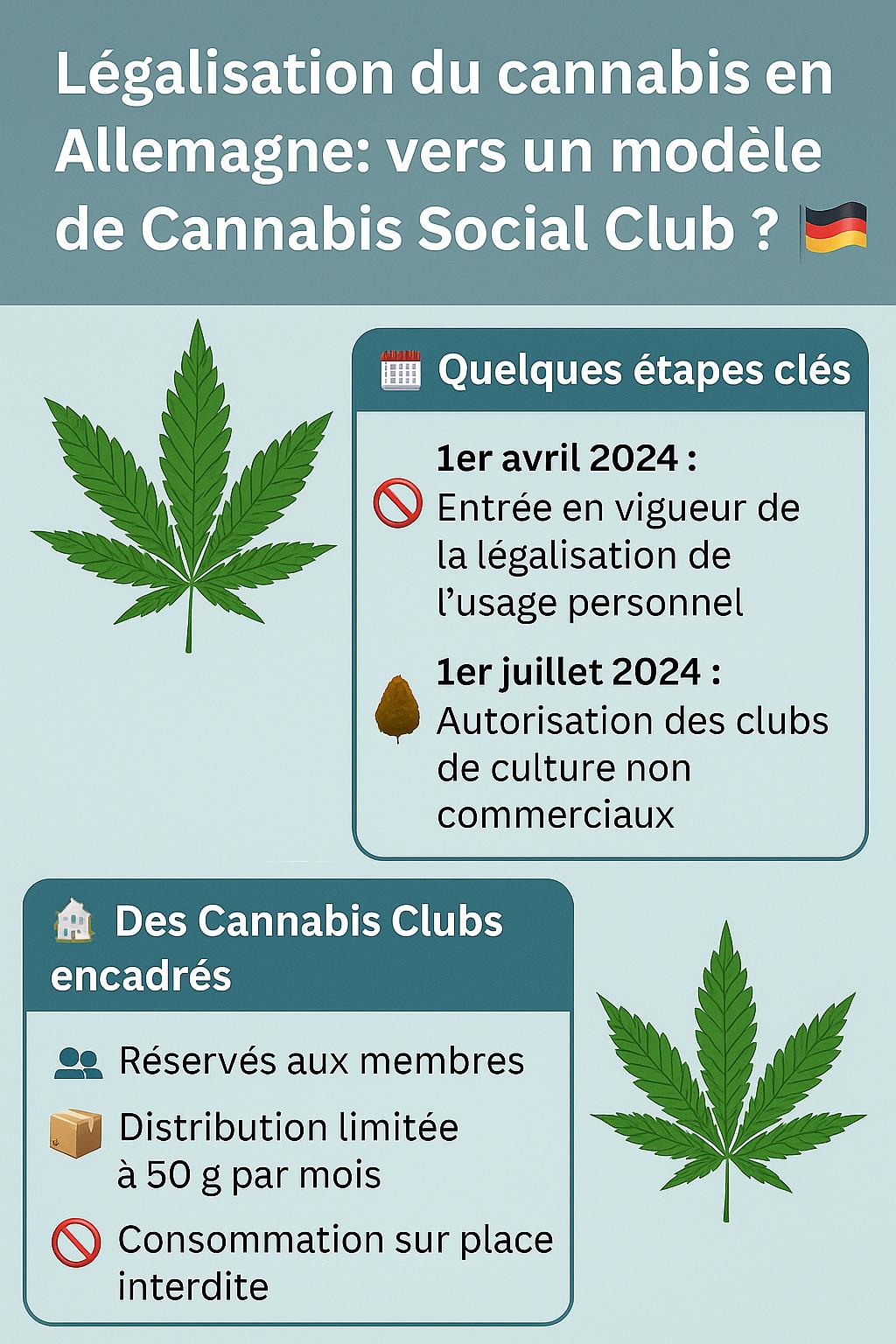 Infographie sur la légalisation du cannabis en Allemagne en 2025, avec un focus sur les Cannabis Social Clubs et les étapes réglementaires