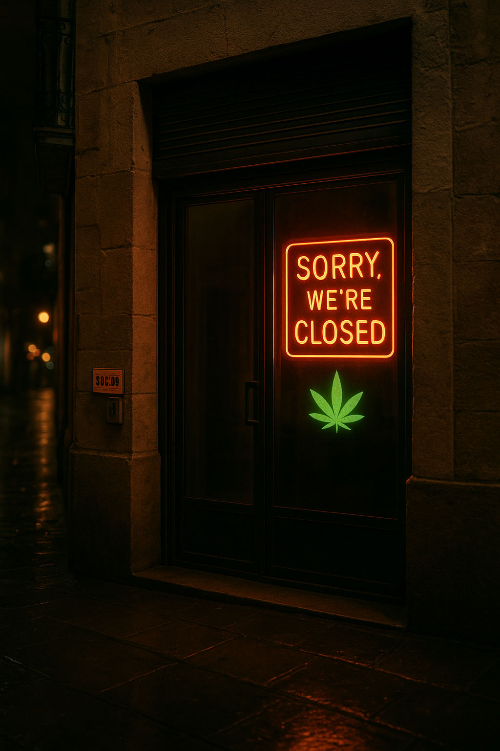 Enseigne “Sorry we are closed” sur la porte d’un social club à Barcelone