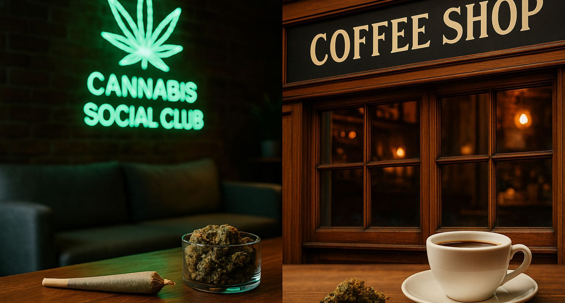 Image comparant un Cannabis Social Club et un coffee shop pour illustrer les deux modèles