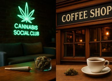 Image comparant un Cannabis Social Club et un coffee shop pour illustrer les deux modèles